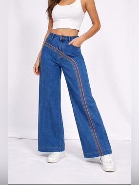 ModCloth Rainbow With Me Wide-Leg Jeans Retro 70s Flare High Rise Denim L/XL?